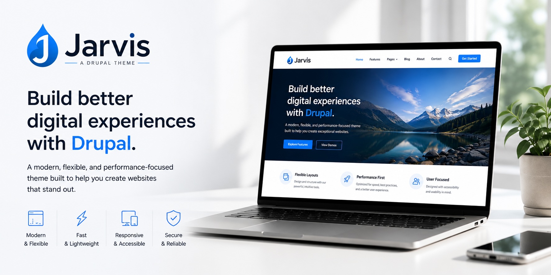 Jarvis logo and headline “Build better digital experiences with Drupal” beside laptop on desk
