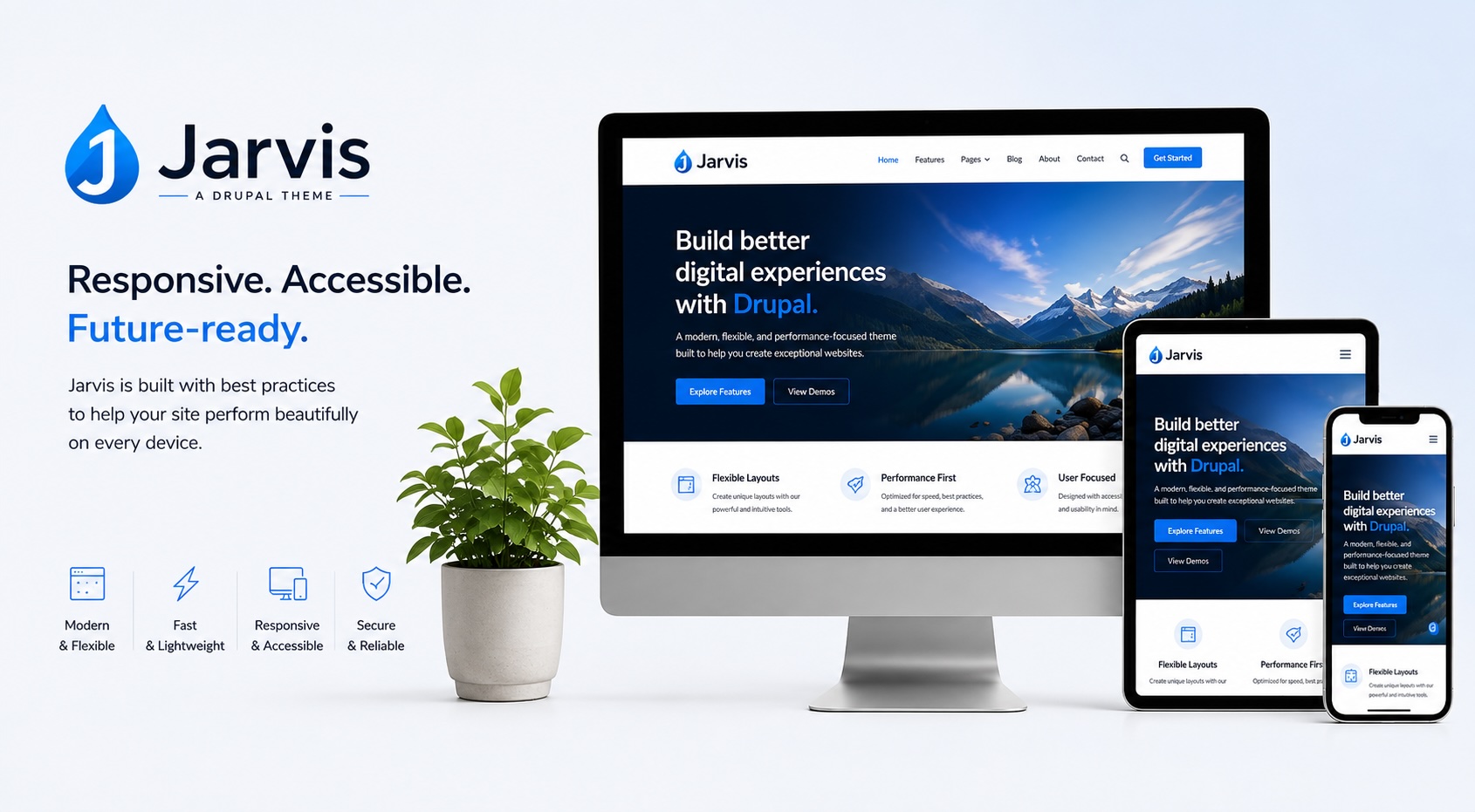 Jarvis logo with website mockup on desktop, tablet, and phone screens
